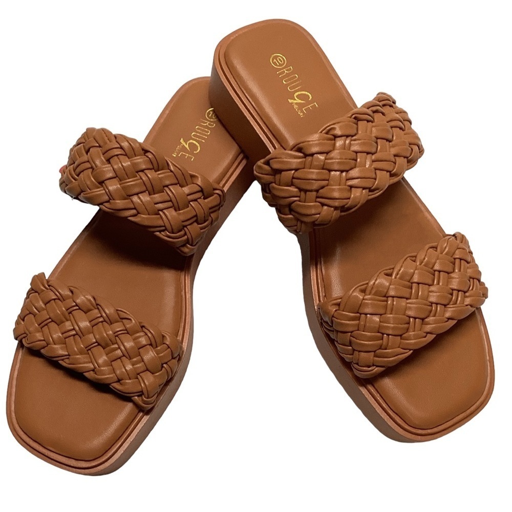 Double Braided Strap Platform Slide Sandals Tan Size 10